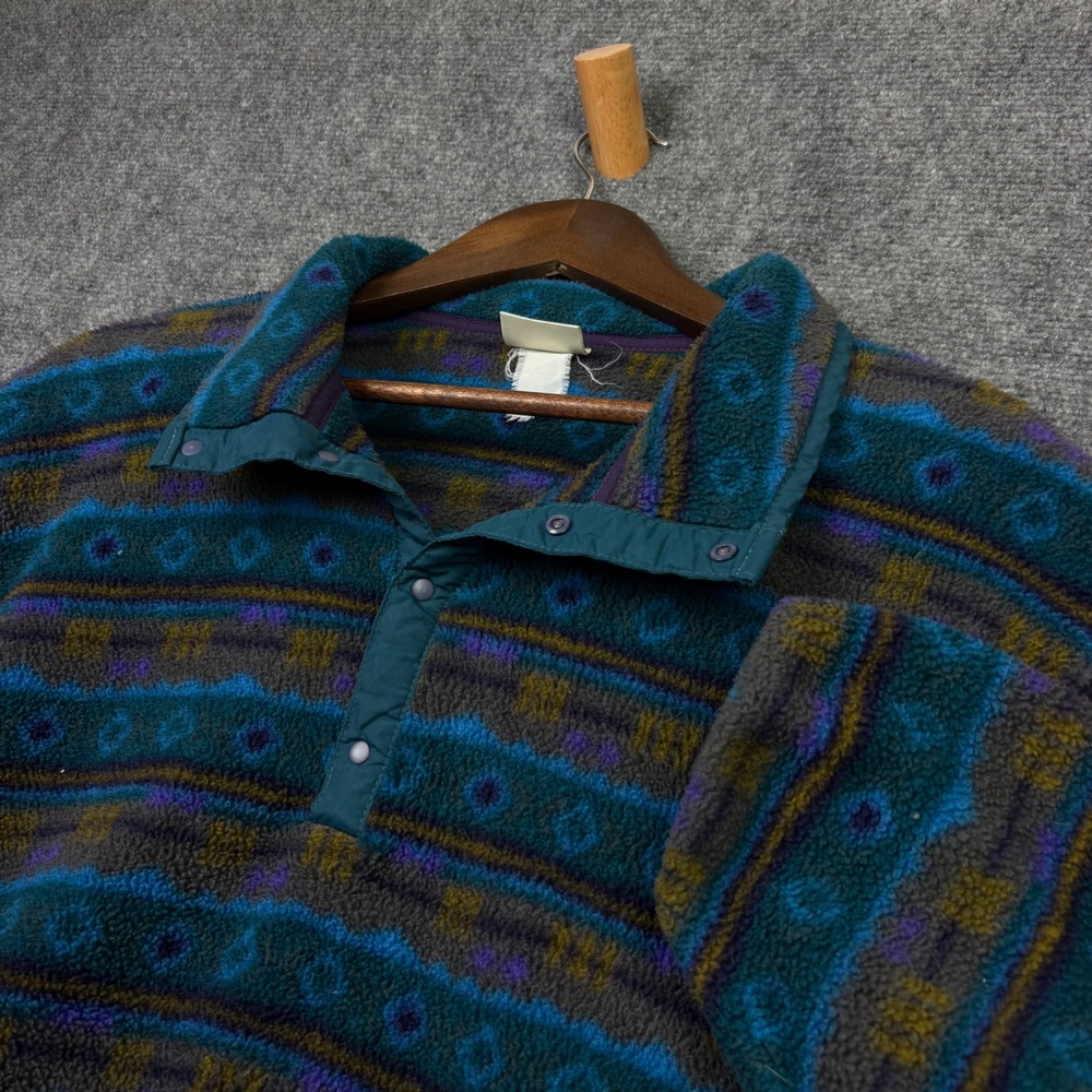 LL Bean Fleece Pullover Mens XL Teal Aztec Geometric Vintage 90s Snap T Style